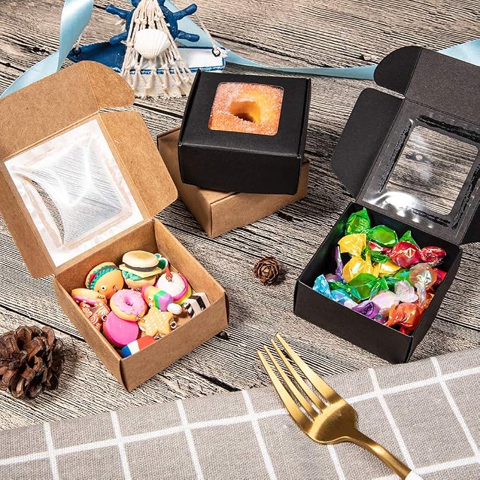 BENECREAT 30 Packs 2.5x2.5x1.2inch Square Brown Kraft Paper Boxes Gift Candy Boxes with Clear Window for Wedding Party Favor Treats, Bakery and Jewelry, Festival Gift Packaging