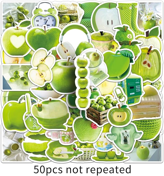 50 Pcs Green Apple Stickers - Ins Style Kawaii Cute Vinyl Decals for Journal, Laptop, Phone Case, Scrapbooking - Waterproof Trendy Sticker Pack (Green Apple)