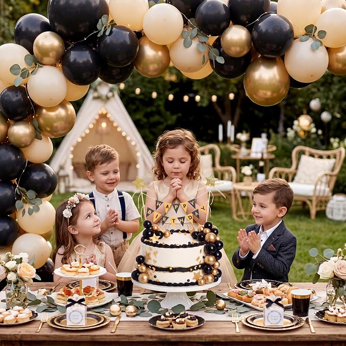21 Pcs Happy Birthday Cake Topper Cake Bunting Topper Banner with Wood Pole Rainbow Garland with Bow Ribbon Balloon, Mini Cupcake Decor for Birthday Baby Shower (Black,Gold)
