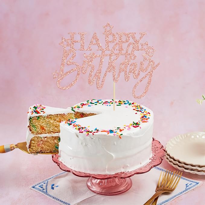 Gyufise 1Pcs Happy Birthday Cake Topper Glitter Cake Pick for Celebrating Anniversary Theme Party Cake Decorations Supplies Light Rose Gold
