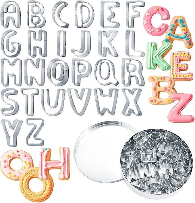 ofone Small Alphabet Cookie Cutters(A - Z), 26 Pcs Stainless Steel Fondant Letter Cutters Set, Mini Metal Biscuit Cutter Shapes for Baking Cakes Pastry Polymer Clay Fruits