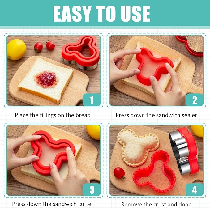 48Pcs Sandwich Cutter and Sealer Set for Kids, Decruster Sandwich Maker Holiday Cookie Cutters Fruit Vegetable Food Cutter Shapes for Boy & Girls Bento Lunch Box w/Mickey Mouse Dinosaur Unicorn Heart