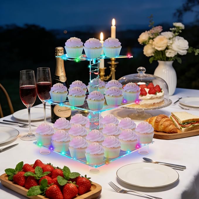 YestBuy 3 Tier Cupcake Stand - Premium Cupcake Holder - Acrylic Cupcake Tower Display - Acrylic Display for Pastry + LED Light String - Ideal for Weddings, Birthday Parties(Multicolored)