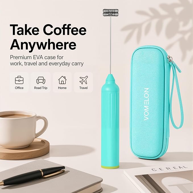 Milk Frother Handheld with 3 Stainless Steel Whisks, Rechargeable Electric Drink Mixer with Stand & Travel Case, Milk Foamer for Coffee, Latte, Cappuccino, Hot Chocolate, Egg,Jam Supplement-Mint