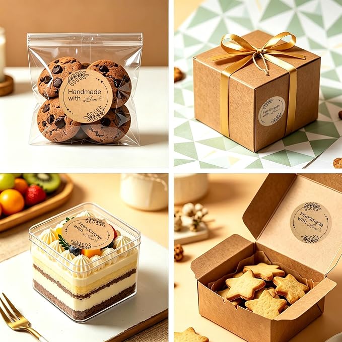 200PCS Handmade with Love Stickers, Vintage Leaf Design Kraft Paper Labels for Baked Goods, Jam Jars, Cookie Bags, Envelope Seals, Small Business Gifts, 1.6 Inch