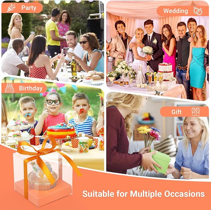 EUSOAR Individual Cupcake Boxes, 12 Pack 3.5 Inch Transparent Dessert Pastry Muffin Cupcake Containers with Inserts and Ribbon, Muffins Gift Holder Mini Cake Carrier for Wedding Party Favor Bakery