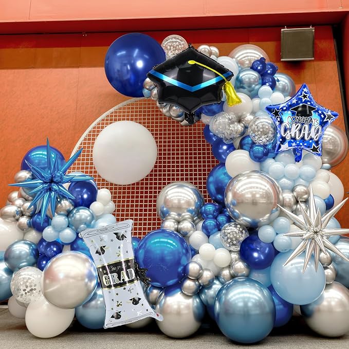 Blue Graduation Balloon Arch Garland Kit 2026, Blue White Graduation Decorations with Foil Grad Cap Diploma Star Balloons for Congrats Class of 2026 Graduates Celebrations Party Decorations