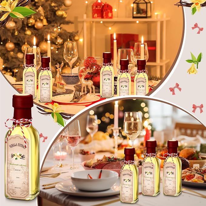 Tioncy 12 Pcs Vanilla Extract Bottles for Homemade Vanilla Jar Glass Square Bottle with Cap Shrink Band Sticker Syrup Food Storage Canister for Liquids Bean Sauce Spice Gift Giving(Red,5 oz)