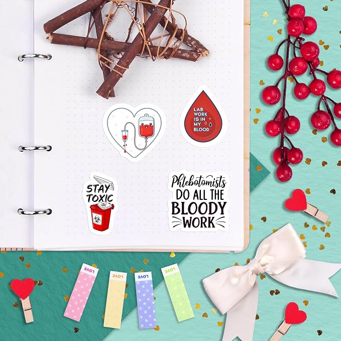 100Pcs Phlebotomy Stickers for Water Bottle, Laptop - Funny Phlebotomy Gifts for Phlebotomist - Phlebotomist Party Supplies & Decorations for Lab Week - Gift for Women & Men