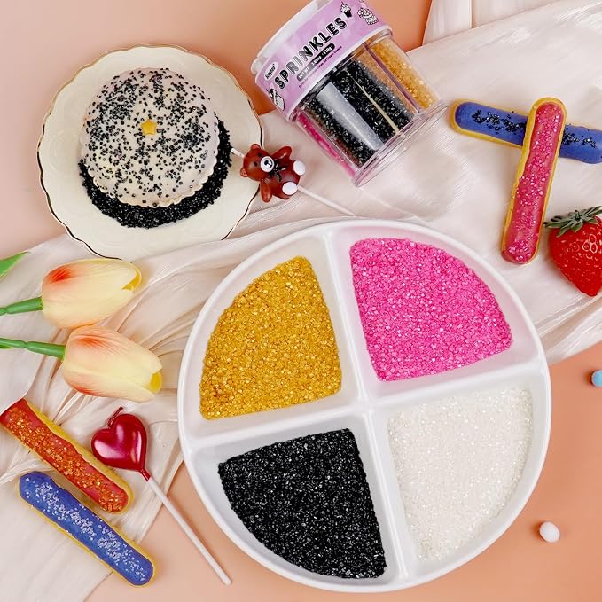 Edible Sprinkles 4 Color Mix, Gold Black White Pink Sugar Crystal Sprinkles for Cake Decorating, Cupcake Toppers, Ice Cream Topping, Cookie Baking Decorations, 110g 3.88oz