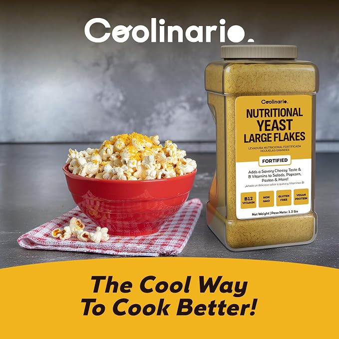 Coolinario Nutritional Yeast, Fortified, Large Flakes (1 GAL - 1.5 LBS) | Savory Cheese-Like Flavor, Rich in B-Vitamins, B12, Protein & Fiber, Ideal for Pasta, Popcorn & Sauces, Gluten-Free