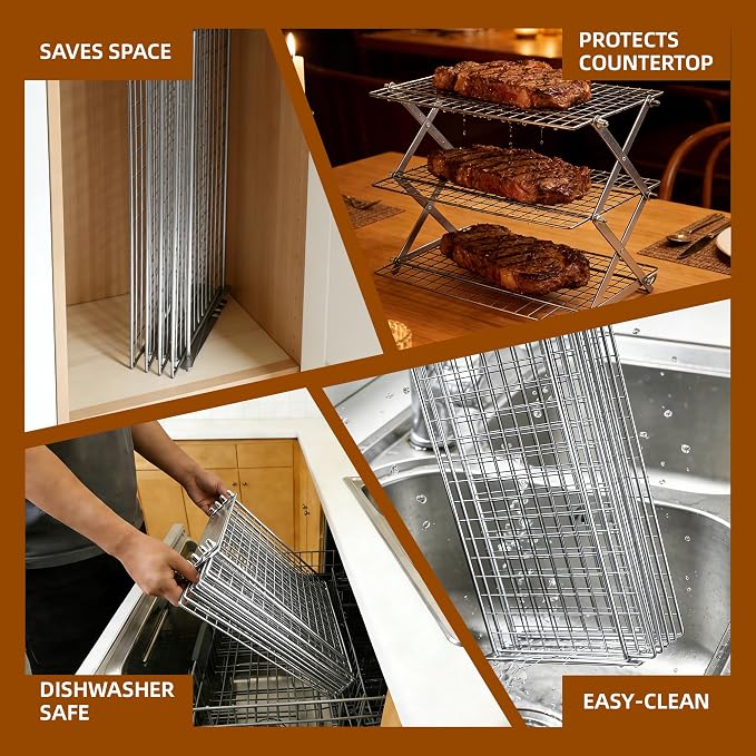 4 Tier Collapsible Cooling Rack with Adjustable 6 Setting Design stackable wire rack for baking sheet for Cookies Baking Gifts for Women (Silver, 4-Tier)