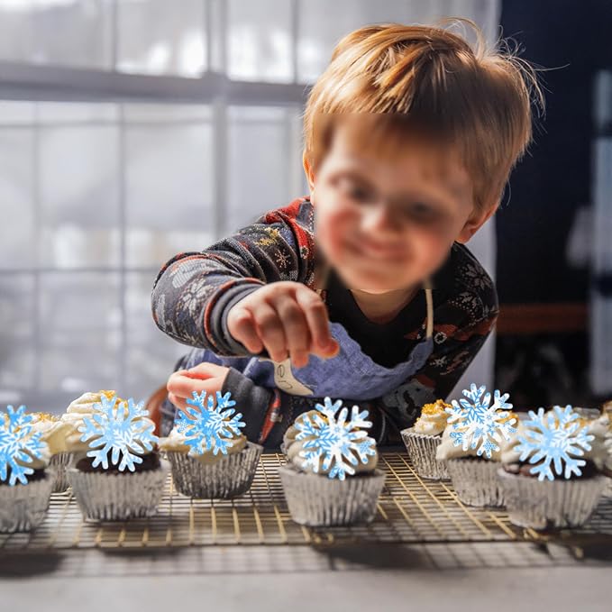 Gyufise 50Pcs Edible Snowflake Cupcake Cake Toppers Wafer Paper Snowflake Cake Decorations for Christmas Winter Frozen Theme Party Supply Decoration Multi Blue