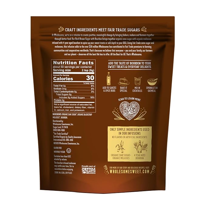 Wholesome Sweeteners 14-Ounce Dark Brown Sugar Infused with Bourbon, Fair Trade, Non GMO,& Vegan, for Baking, Sauces, Dry Rubs, Sweetening, and More, 1 Pack