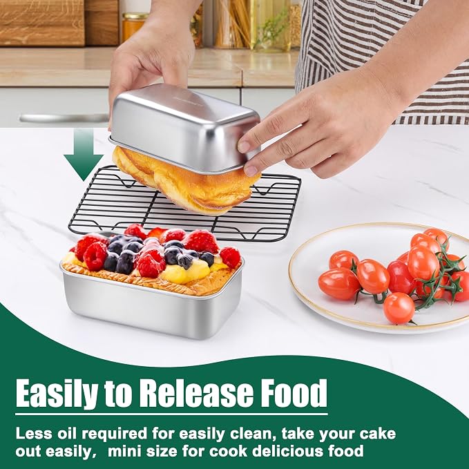 P&P CHEF Stainless Steel Mini Bread Loaf Pans, 4 PCS, Lasting & Rust-free | 6.3 x 3.5 Inch, Small Size for Air Fryer & Oven, Ideal for Bread, Meatloaf, Cake and Brownies, Food Grade, Dishwasher Safe