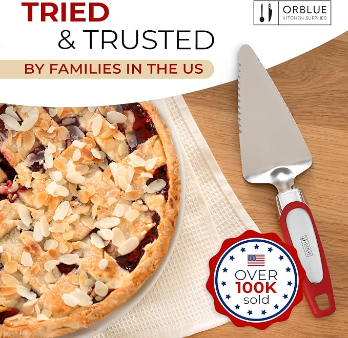 Orblue Pie Server, Essential Kitchen Tool, Serrated on Both Sides, Great for Right or Left Handed Chef, Stainless Steel Flatware, Cake Cutter, Red