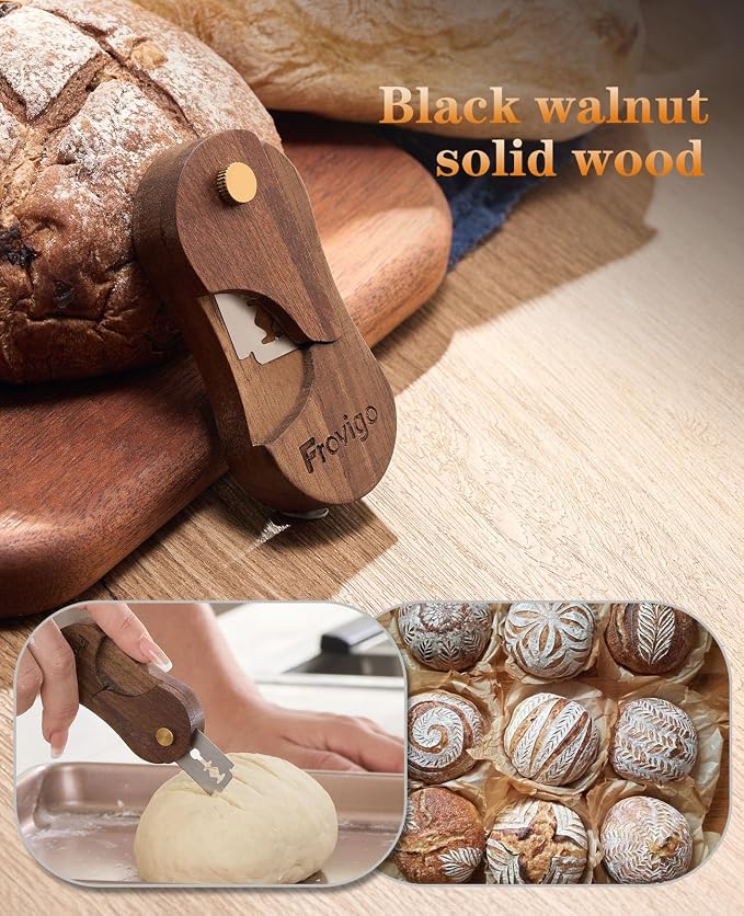Bread Lame, Scoring Tool for Sourdough with 5 Retractable Razor Blades, Professional Dough Scorer with Magnetic Safety Design, Bread Slashing Tool, Sourdough Knife Supplies for Baking (Walnut)
