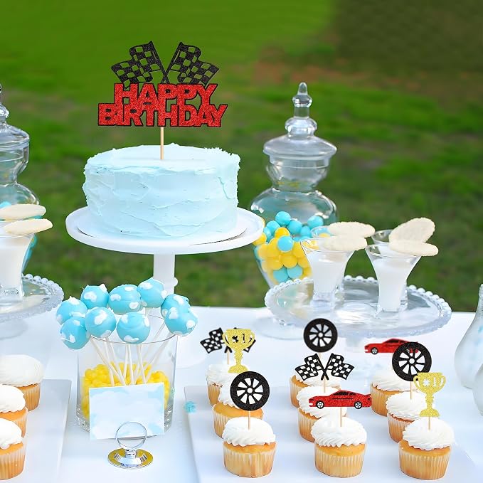 Ercadio 25Pcs Racing Car Happy Birthday Cake Toppers Checkered Flag Race Cars Wheels Cupcake Toppers Baby Shower Race Car Funny Birthday Party Decoration Supplies
