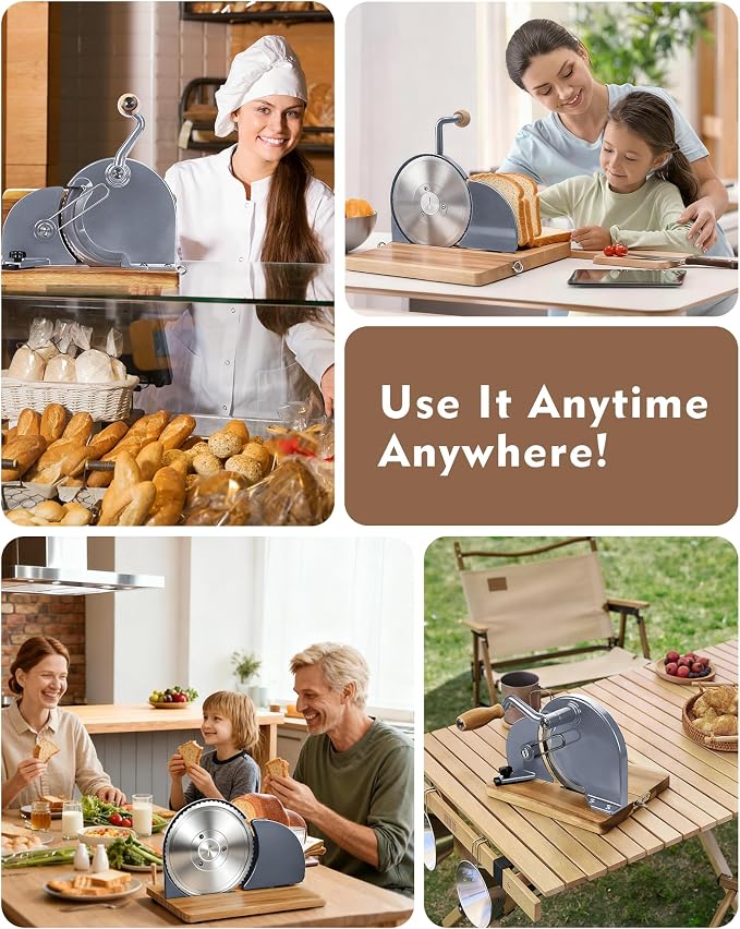 Foldable Manual Bread Slicer, Adjustable Slice, Hand-Cranked Bread Slicer with Ergonomic Handle, Hand Crank Cutter, Durable Aluminum Alloy Body And Sturdy Solid Wood Base-Grey