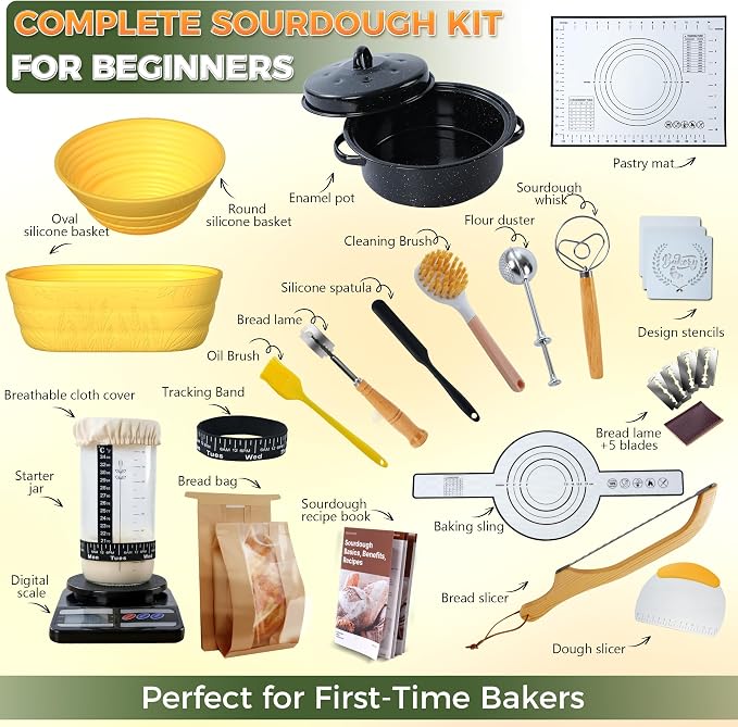 Sourdough Starter Kit for Beginners, 34 oz Starter Jar with Scale Marking, 2 Silicone Proofing Baskets, Complete Bread Baking Kit with Guide & Recipes, Easy to Use & Clean - Yellow