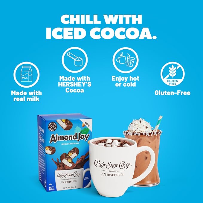 Candy Shop Cocoa ALMOND JOY Cocoa Mix, Hot Chocolate, Make Hot or Iced Cocoa, Made with Real Milk, Gluten Free, Rich Chocolate, Tropical Coconut & Almond Flavors, 1.25 oz packet (pack of 24)