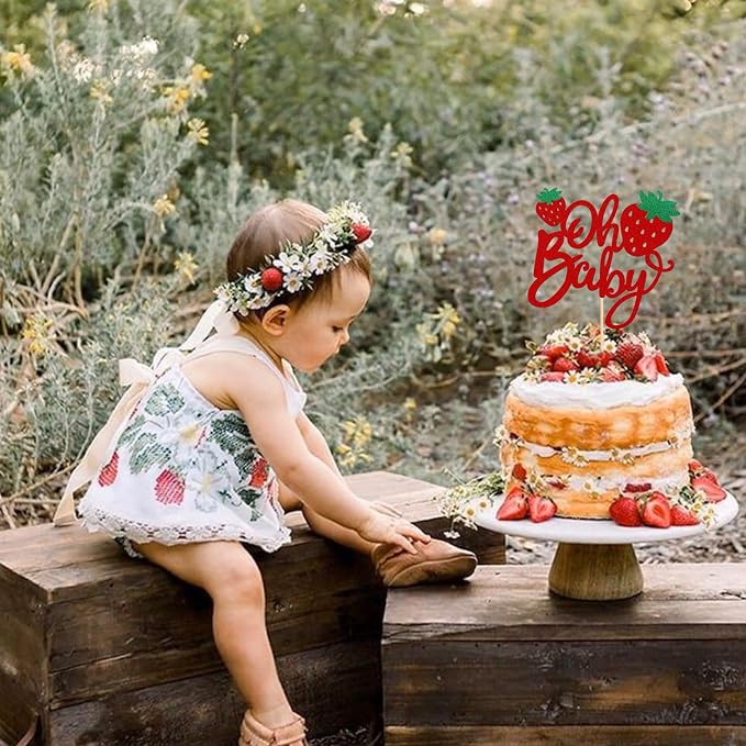 1 PCS Strawberry Oh Baby Cake Topper Glitter Baby Shower Strawberry Cake Pick Fruit Theme Oh Baby Cake Decoration for Baby Shower Kids Boys Girls Birthday Party Decorations Supplies Red