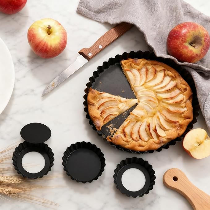 6 Pcs Tart Pan with Removable Bottom, Nonstick Pie Pan 11/9/4/3In, Fluted Quiche Pan Carbon Steel for Baking Pie Cheesecake Pizzas