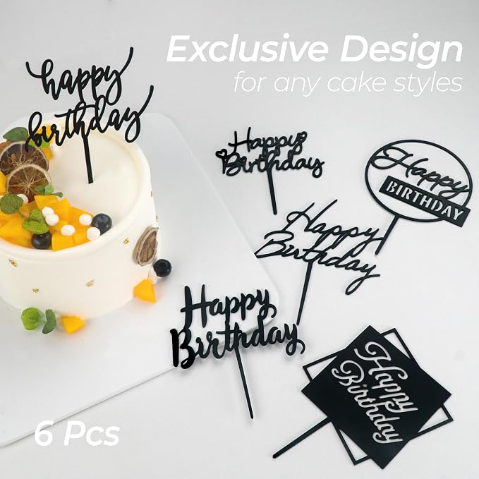 6 Pcs Black Happy Birthday Cake Toppers, 5" x 6.5" Acrylic Cake Decoration for Birthday Party