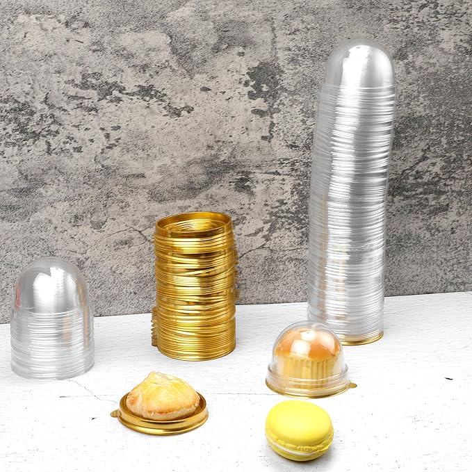 Patelai 50 Pcs Clear Plastic Mini Cupcake Container, Mini Cupcake Box Muffin Dome Muffin Single Container Box for Wedding Birthday Cheese Pastry Dessert Cake (Gold)