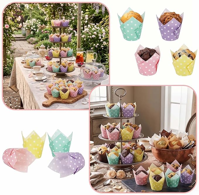 200 Pcs Pastel Tulip Cupcake Liners for Baking, Color with Polka Dot | Standard Greaseproof Tulip Muffin Liners for Baking, 3oz Paper Cupcake Wrappers for Party Wedding Birthday