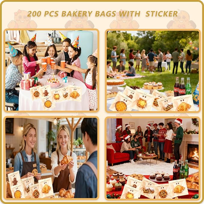 200 Pack Cookie Bags with Window & Seal Stickers, Heat Sealable 7.1x7.5 Inch Paper Sleeves Packaging Baked Goods Bag for Small Business, Bulk Bakery Supplies for Brownie, Muffin,Pastry, Donut Gift