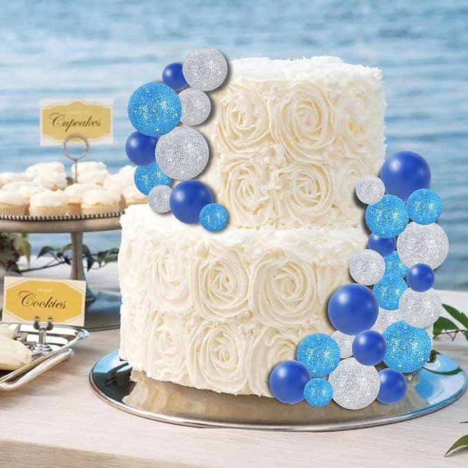 BEISHIDA 40 Pcs Ball Cake Toppers Mini Balls Cake Decorations Blue Silver Foam Balls Sticks DIY Cake Topper for Baking Congrats Grade 2026 Graduation Birthday Winter Party Decorations (Blue Silver)