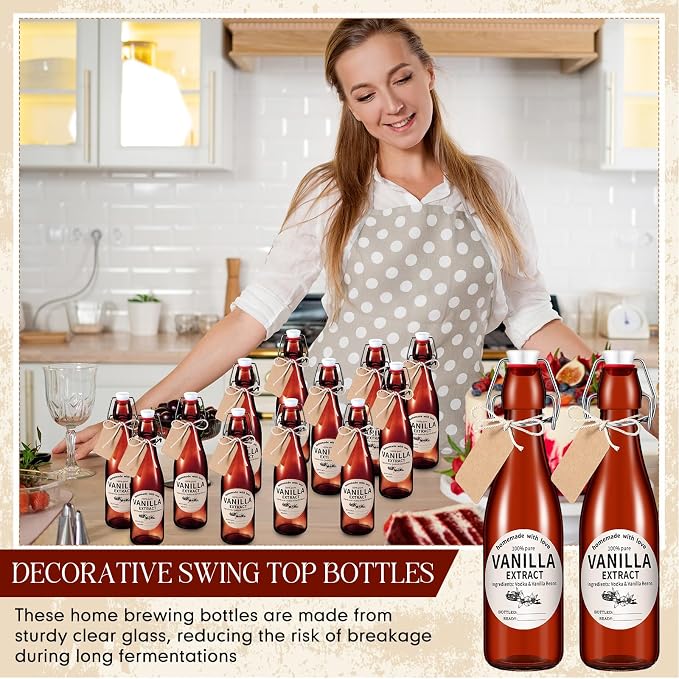 Vesici 12 Sets Swing Top Glass Bottles Set Amber Homemade Vanilla Extract Bottles Vanilla Extract Jars for Christmas DIY Crafts (12 Oz)