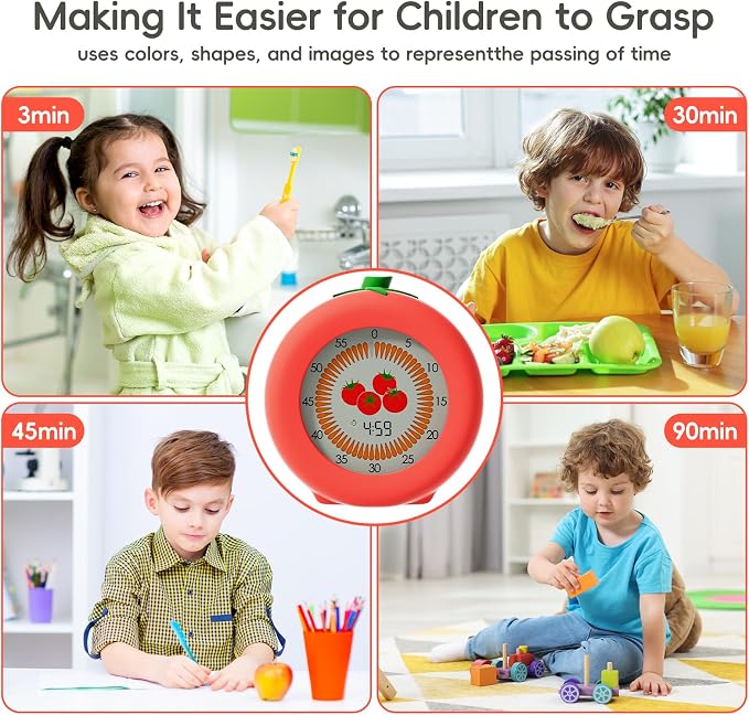 Tomato Visual Timer for Kids, 299 Minute Cute Pomodoro Countdown Timer, Kitchen Cooking Helper Timer with Pause Function, Clock and Alarm, Digital Timer for Classroom, Office and Meetings