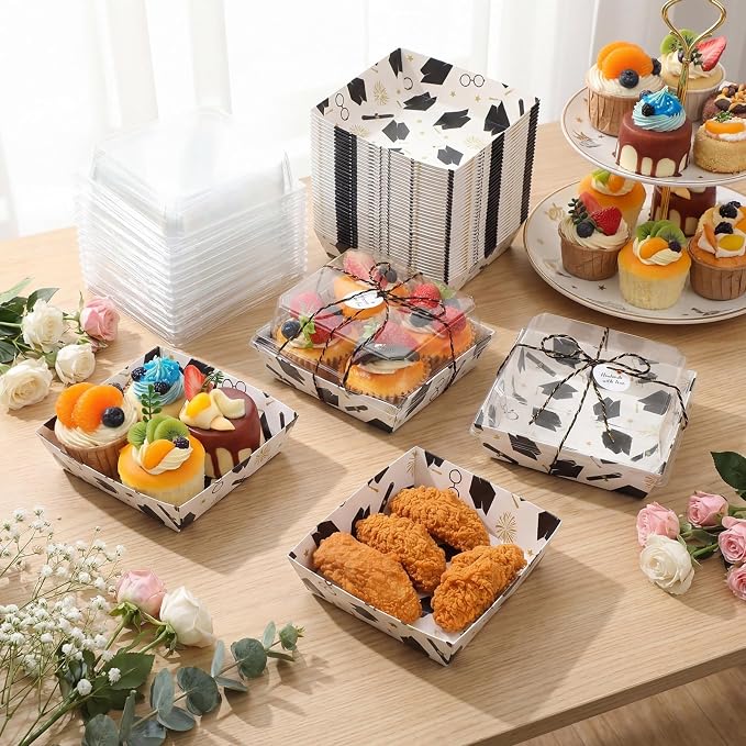 Outus 100 Pack Graduation Party Treat Box Charcuterie Boxes with Clear Lids, 5.7 x 5.1 '' Paper Food Containers White Take out Bakery Boxes Gift Tags Rope for Desserts Graduation Party Supplies