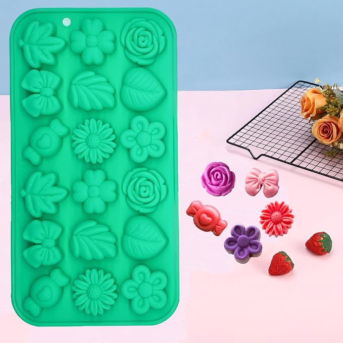 Candy Molds Silicone - 2Pcs Silicone Gummy Daisy Flower/Tulip Flower/Bow Tie/Leaf Candy Mold for Candy Chocolate Gummy Jello Baking Soap Pudding Cookie Desserts Making