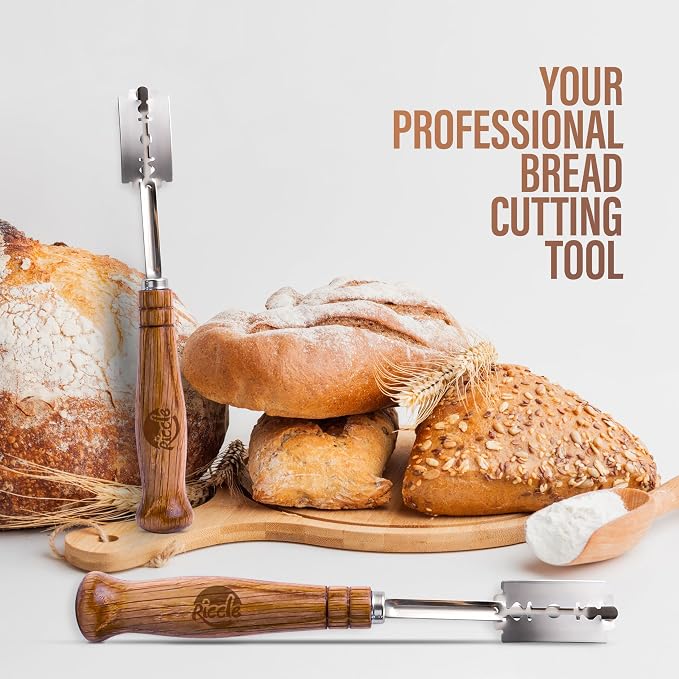 RICCLE Bread Lame Slashing Tool, Oakwood Ergonomic Handle Dough Scoring Knife with 10 Razor Blades and Storage Cover