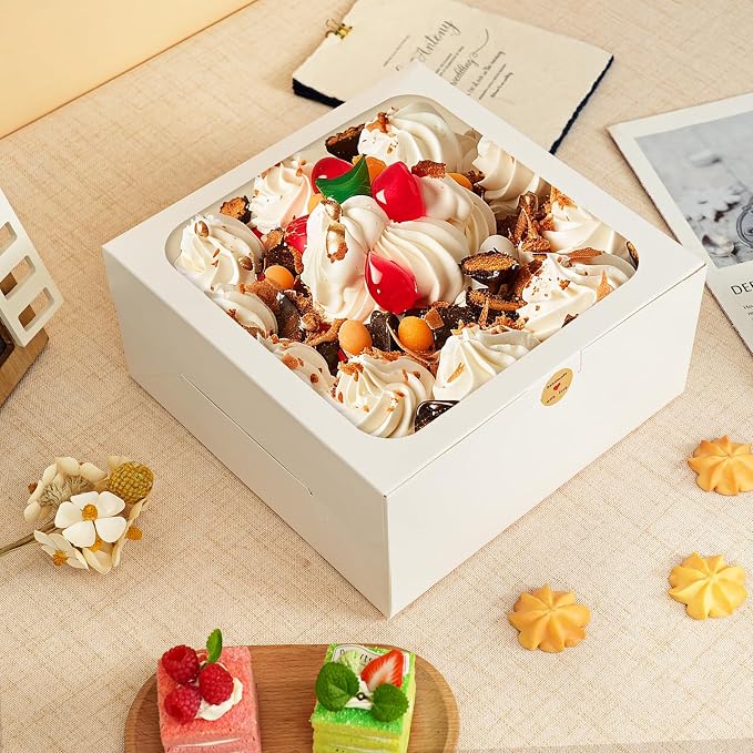 Moretoes 4 Pack Cake Boxes with Window, 10x10x5 Inches White Bakery Containers, 10 Inch White Cake Carrier, Disposable Bakery Boxes for Valentine's Day Mother's Day Cake Cupcake Cookie Pie Pastry