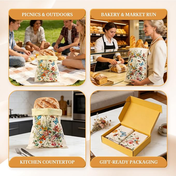 2 Pack Beeswax Bread Bags for Sourdough and Homemade Bread, XL 17x13in Reusable Cotton Storage Bags, Botanical Print Double-Layer with Beeswax Lining, Easy to Clean Artisan Bread Keeper | Keeps loaves soft