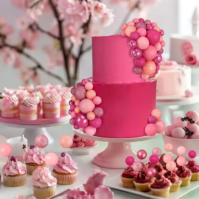 66 PCS Colorful Ball Cake Picks for Cake Decoration Pink Series with 6 Vibrant Colors Pearl Ball Shaped Cupcake Toppers for Birthday Party and Wedding Supplies