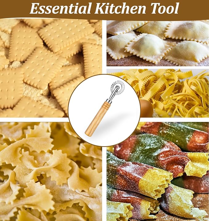 Fluted Pastry Wheel, Pastry Wheel Cutter Tool with Long Wooden Handle, Kitchen Cutter Tool for Pasta, Dumplings and Baking