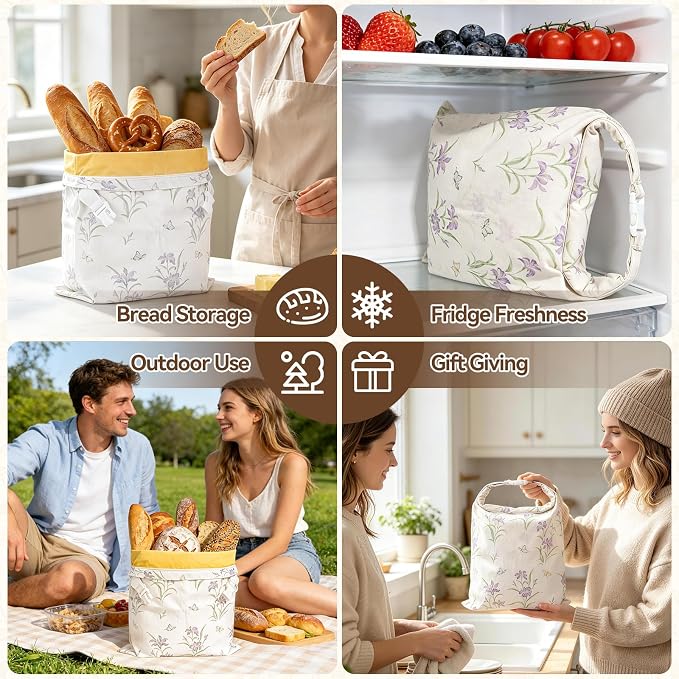 Beeswax Bread Bags for Sourdough, 2 pcs XL Zipper Reusable Bread Bags for Homemade Bread, Cotton and Linen Food Storage Bags for Bakery, Pantry, Long-Lasting Freshness (Purple Floral)