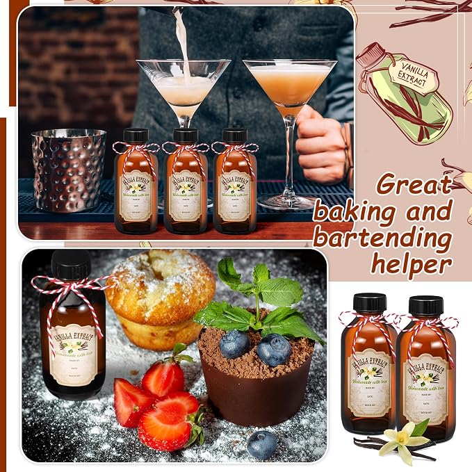 Uiifan 8 Pcs Vanilla Extract Bottles Boston Round with Caps Glass Bottle and 8 Pcs Vanilla Extract Labels Stickers for Syrup Gift Glass Food Storage Canister Set Sauce Beans(4 oz)