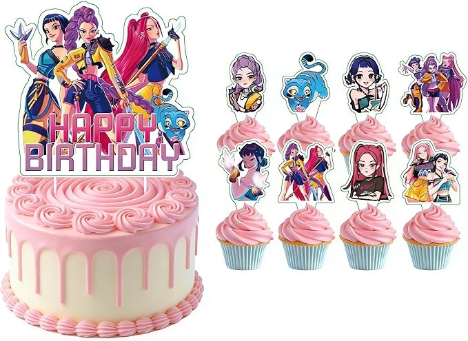 25 Pcs Demon Movie Hunters Cake Decorations, Include 1 Happy Birthday Cake Toppers, 24 cupcake Topper for Demon Movie Hunters Birthday Decorations