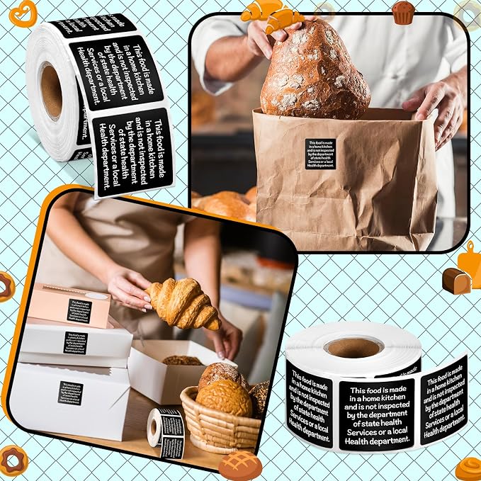 500 Count Cottage Food Law Labels Stickers 1.5” Black Square Food Stickers Made in a Home Kitchen Decal Thermal Printed Labels for Home Kitchen Bakery Bread Sourdough