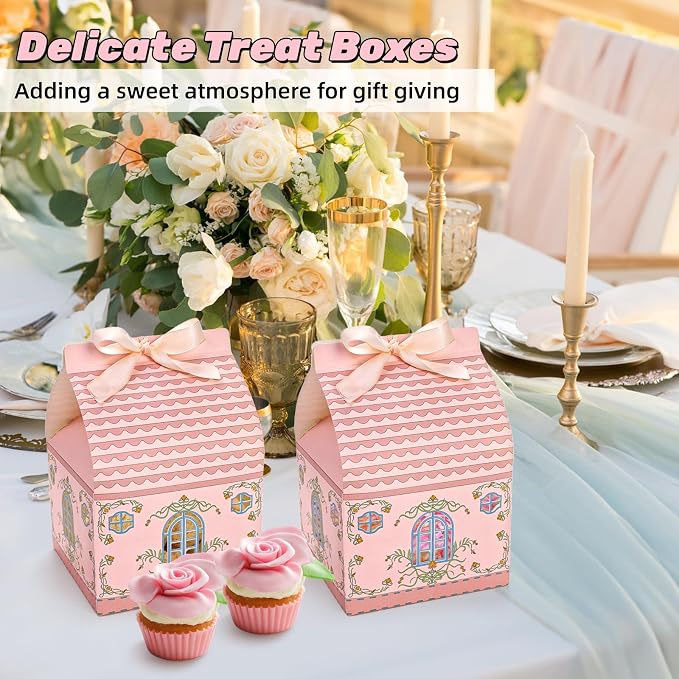 Covzoe 50 Pieces House Shaped Gift Boxes, Large Party Favor Treat Box with Handle Ribbons, 5.7 X 5.7 x 8.7 Inch Pink Gable Snack Goodie Cake Containers Bakery Packaging for Housewarming, Birthday, Wedding, Christmas, Valentine's Day