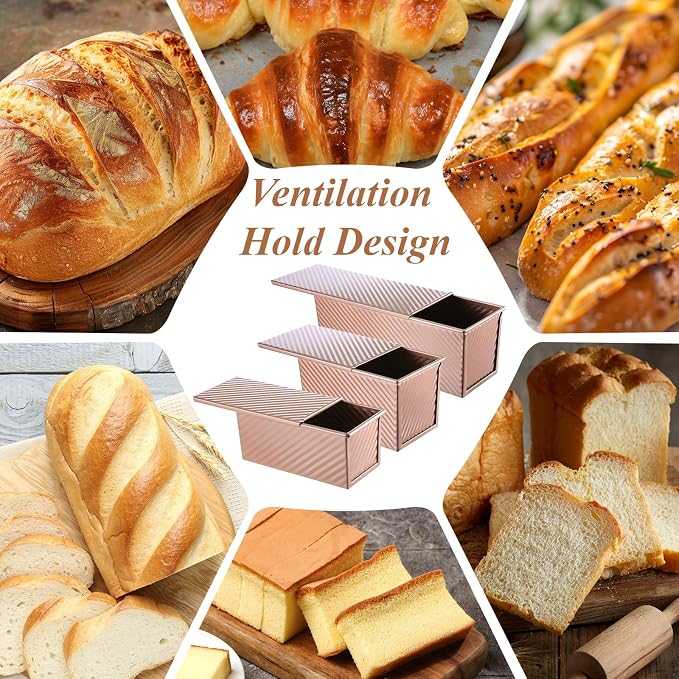 3 Pcs Pullman Loaf Pan with Lid, 2.2LB 1LB 0.5LB Non-Stick Carbon Steel Sandwich Sourdough Bread Pans Golden Corrugated Toast Mold for Homemade Baking Bread