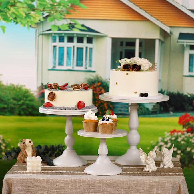 Set of 3 White Cake Stands, Metal Round Cake Holder Dessert Pie Pizza Display Stand 8" 10" 12" Serving Tray Decoration for Wedding Celebration Party Birthday Baby Shower