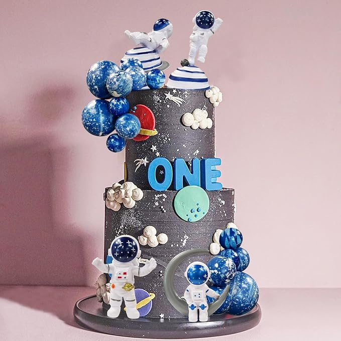 Astronaut Figurines Space Cake Toppers Blue Star Ball Cake Toppers for Space Theme Party Kids Birthday Party Baby Shower Supplies (Royal Blue)