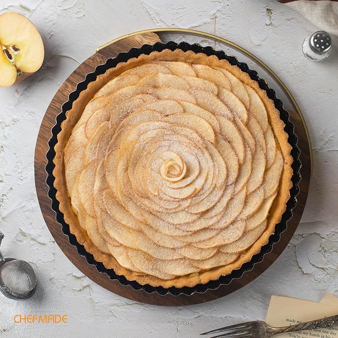 CHEFMADE 9.5-Inch Round Tart Pan with Removable Loose Bottom, Non-Stick Carbon Steel Quiche Pan for Oven Baking (Black)